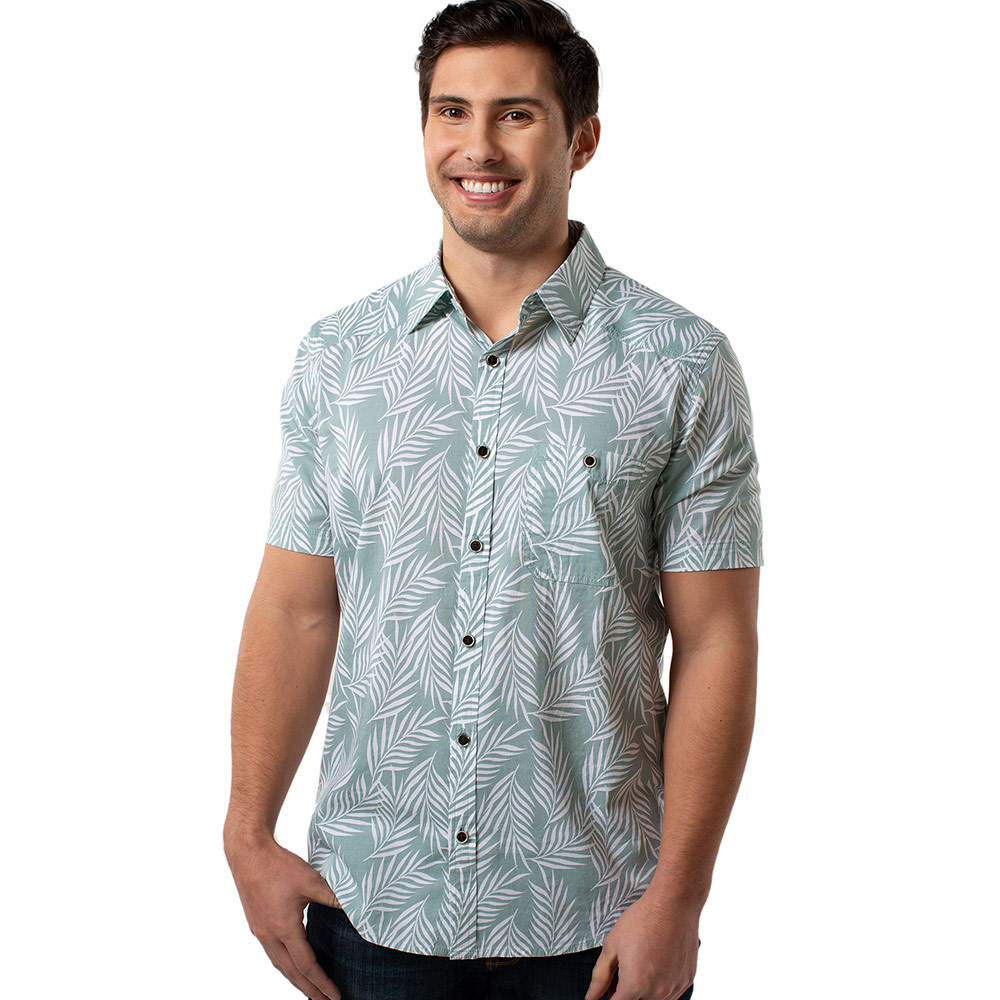 Cariloha Men's Bamboo Woven Button-Up - Casual, Collared Short Sleeve Shirt - Small - Ocean Green Foliage