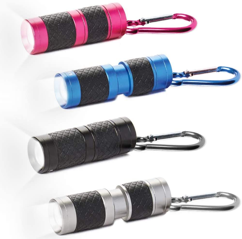 LUXPRO 40 Lumen Keychain Focus Mini LED Flashlight - Features Aircraft-Grade Aluminum and Rubber Grip - Gift for Kids with a Matching Carabiner Clip - Batteries Included - 4 Pack